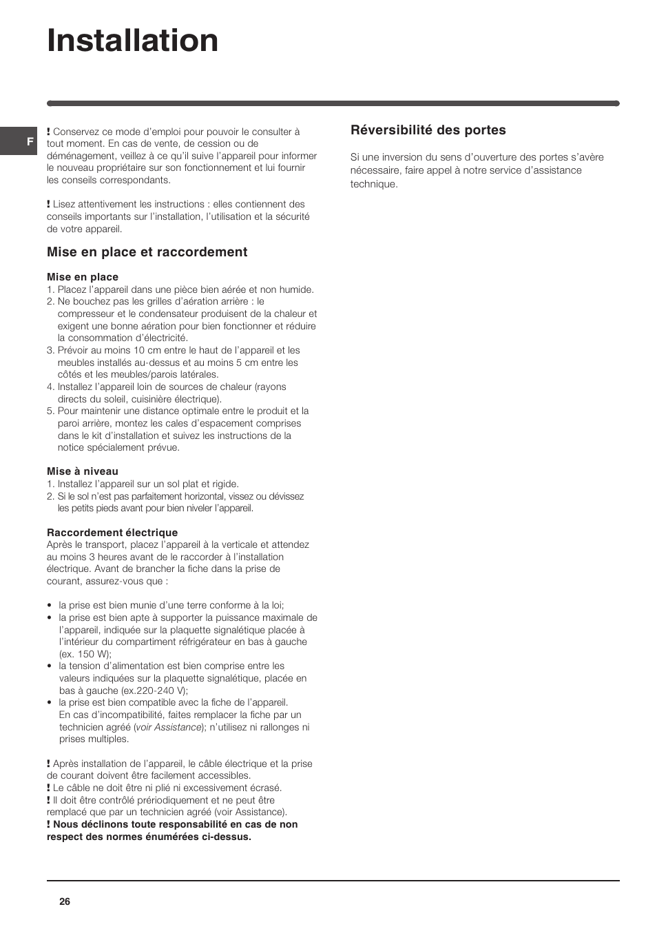 Installation, Mise en place et raccordement, Réversibilité des portes | Indesit TAAN 5 FNF NX D User Manual | Page 26 / 72