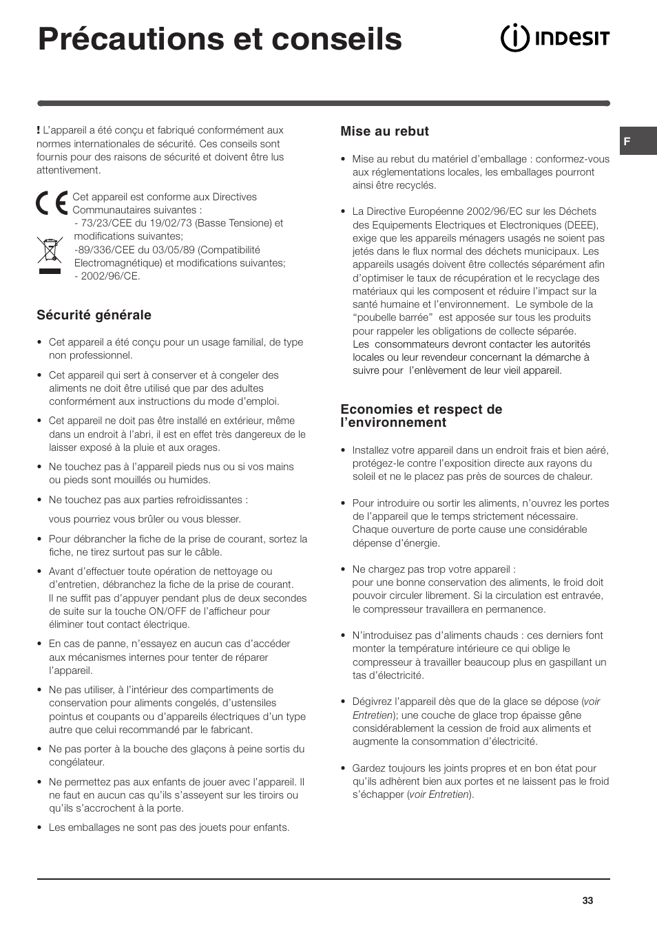 Précautions et conseils, Sécurité générale, Mise au rebut | Economies et respect de lenvironnement | Indesit TAAN 5 FNF NX D User Manual | Page 33 / 72