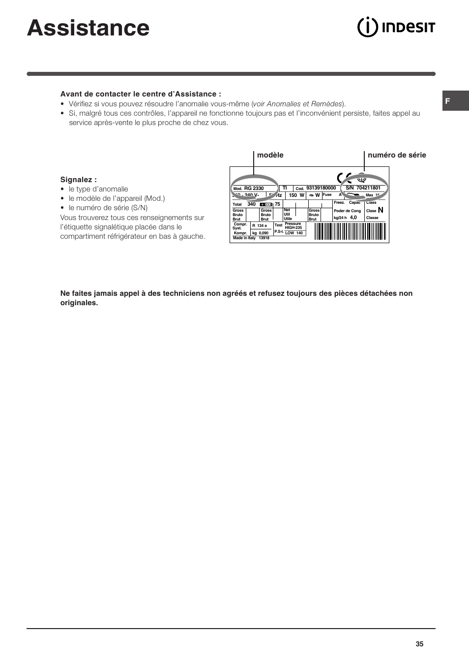 Assistance, Modèle numéro de série | Indesit TAAN 5 FNF NX D User Manual | Page 35 / 72