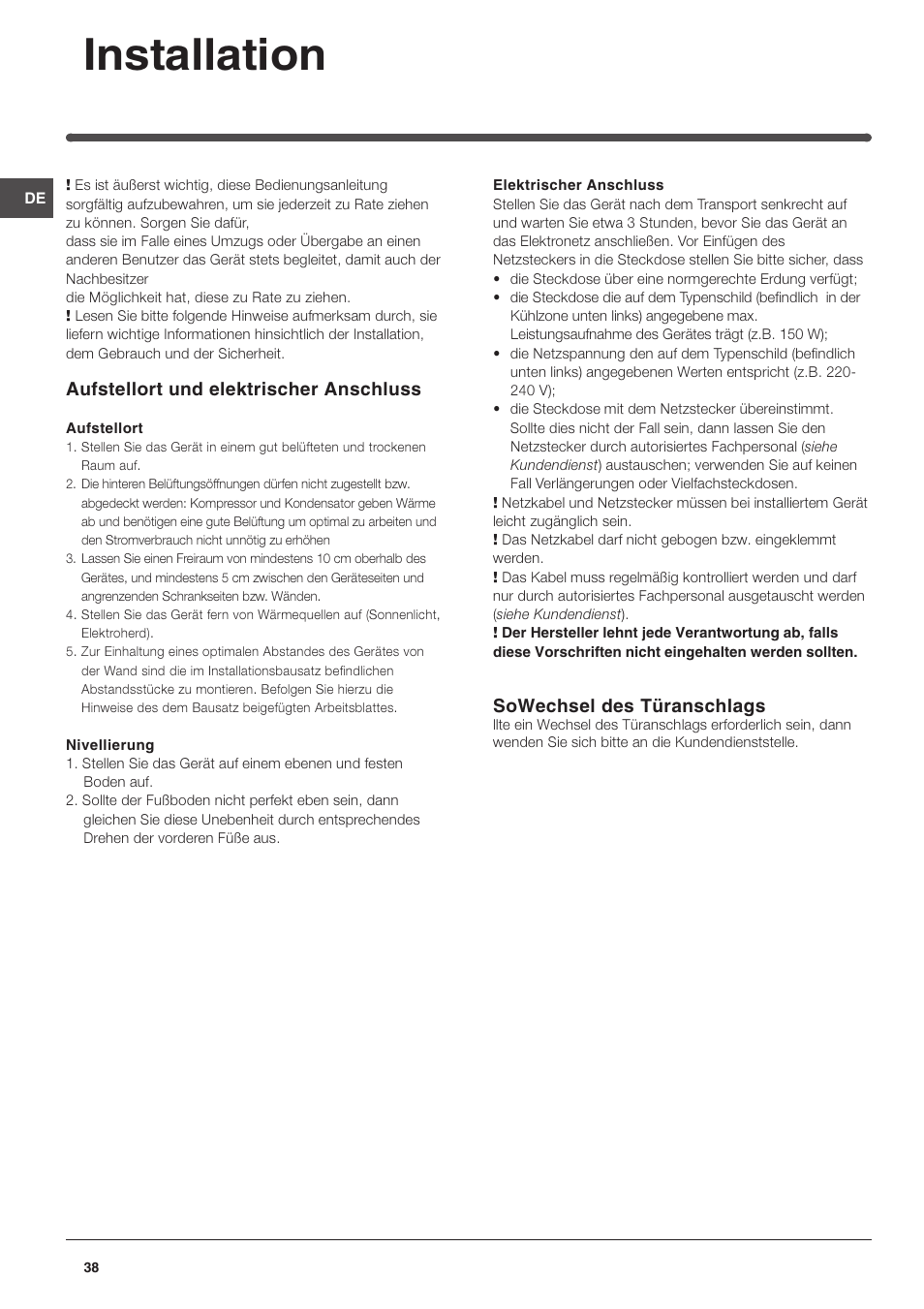 Installation, Aufstellort und elektrischer anschluss, Sowechsel des türanschlags | Indesit TAAN 5 FNF NX D User Manual | Page 38 / 72