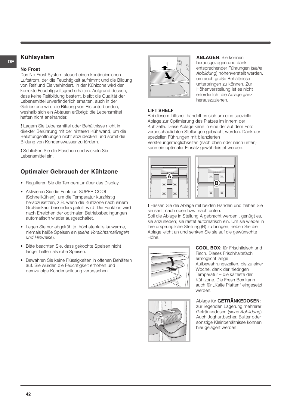 Kühlsystem, Optimaler gebrauch der kühlzone | Indesit TAAN 5 FNF NX D User Manual | Page 42 / 72