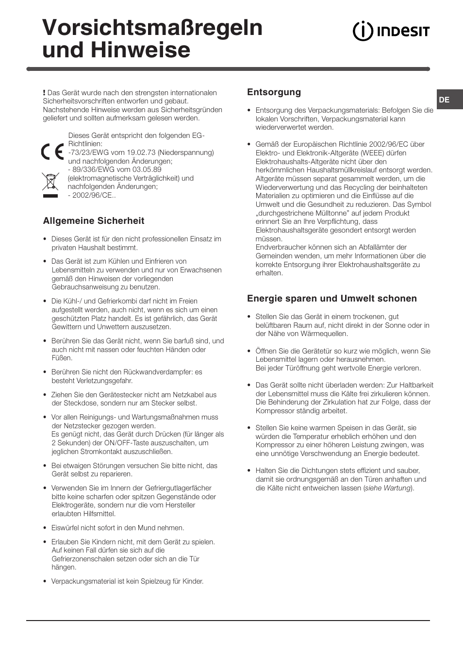 Vorsichtsmaßregeln und hinweise | Indesit TAAN 5 FNF NX D User Manual | Page 45 / 72