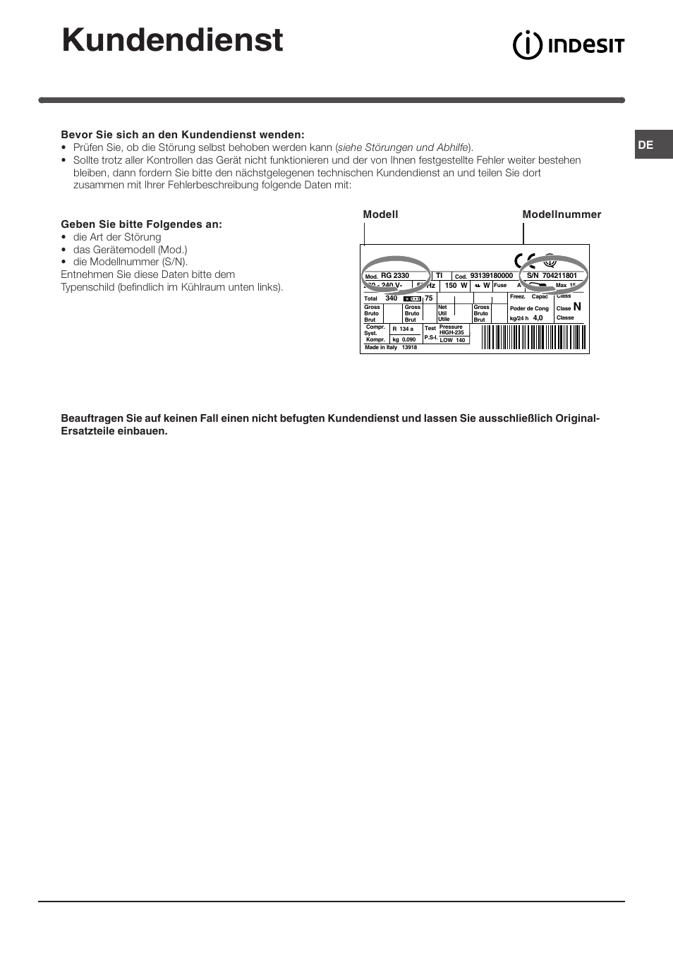 Kundendienst, Modell modellnummer | Indesit TAAN 5 FNF NX D User Manual | Page 47 / 72
