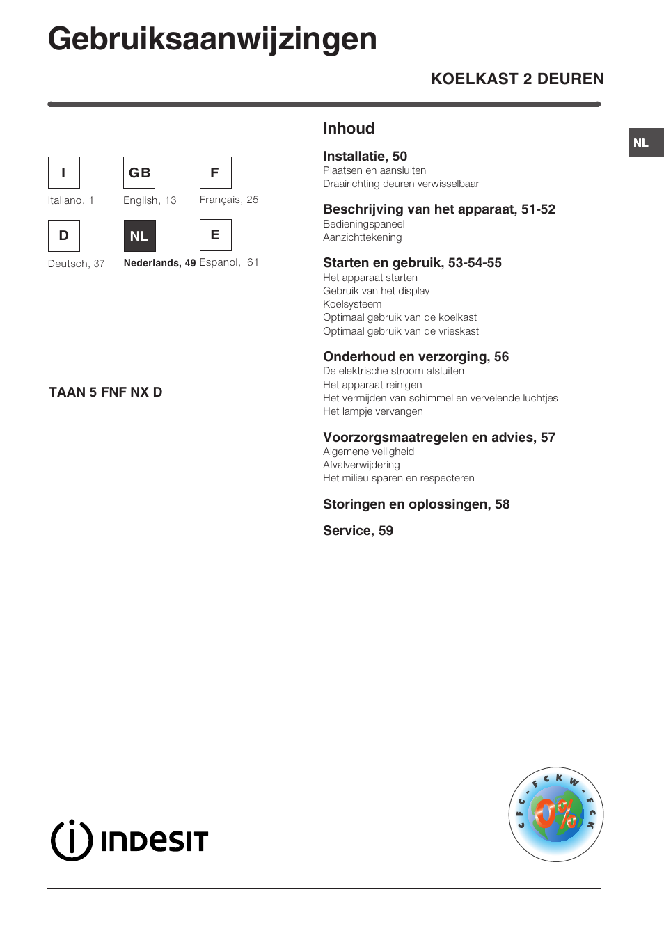 Gebruiksaanwijzingen, Koelkast 2 deuren inhoud | Indesit TAAN 5 FNF NX D User Manual | Page 49 / 72