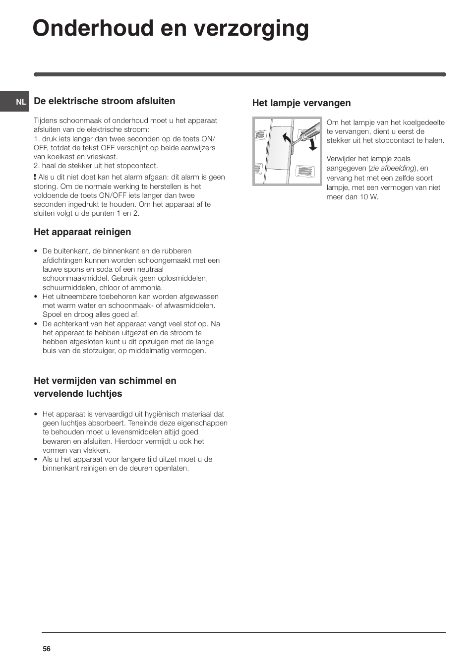 Onderhoud en verzorging | Indesit TAAN 5 FNF NX D User Manual | Page 56 / 72