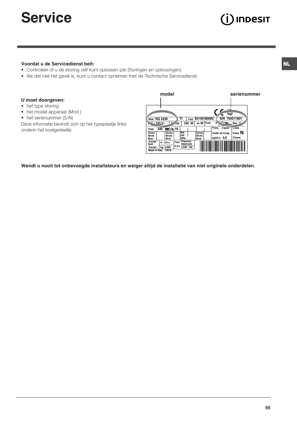 Service, Model serienummer | Indesit TAAN 5 FNF NX D User Manual | Page 59 / 72
