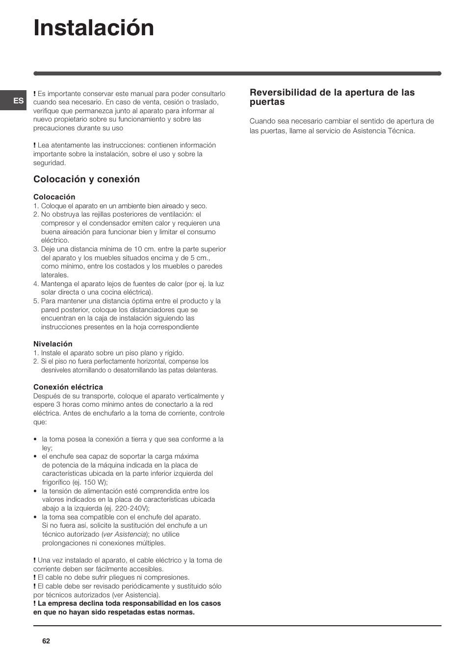 Instalación, Colocación y conexión, Reversibilidad de la apertura de las puertas | Indesit TAAN 5 FNF NX D User Manual | Page 62 / 72