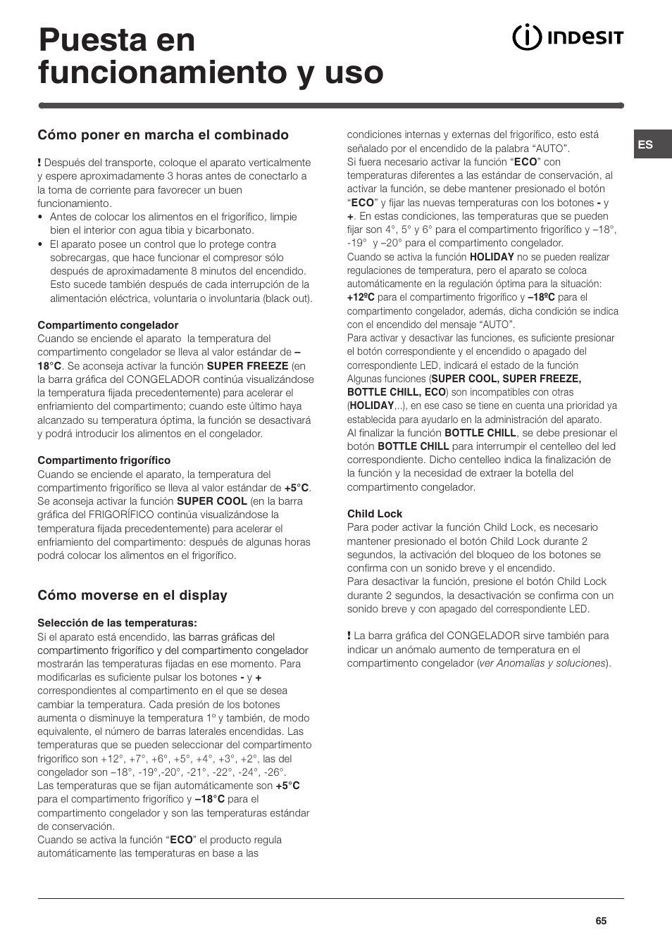 Puesta en funcionamiento y uso | Indesit TAAN 5 FNF NX D User Manual | Page 65 / 72