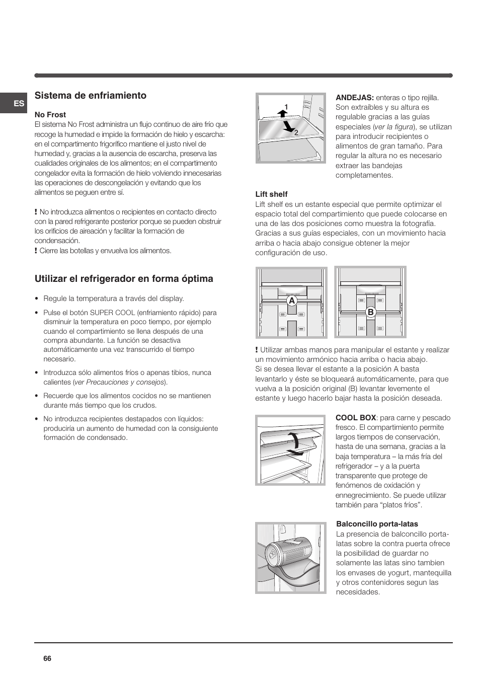 Sistema de enfriamiento, Utilizar el refrigerador en forma óptima | Indesit TAAN 5 FNF NX D User Manual | Page 66 / 72
