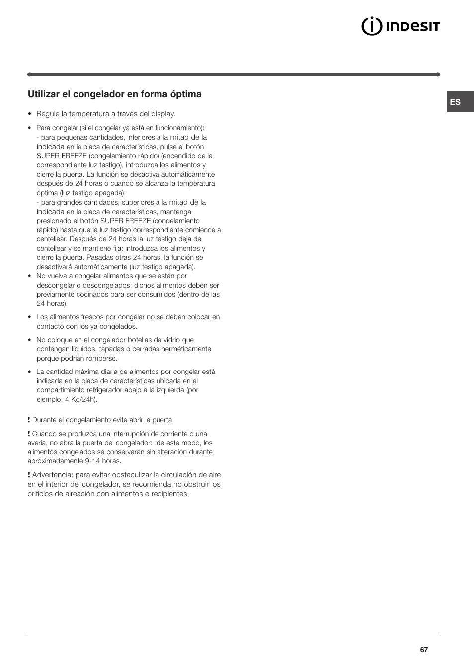 Utilizar el congelador en forma óptima | Indesit TAAN 5 FNF NX D User Manual | Page 67 / 72