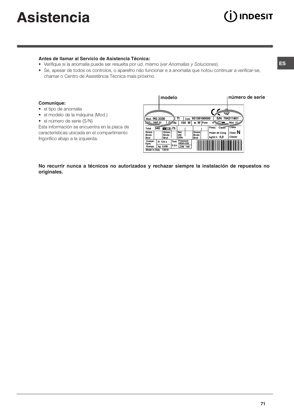 Asistencia, Modelo número de serie | Indesit TAAN 5 FNF NX D User Manual | Page 71 / 72