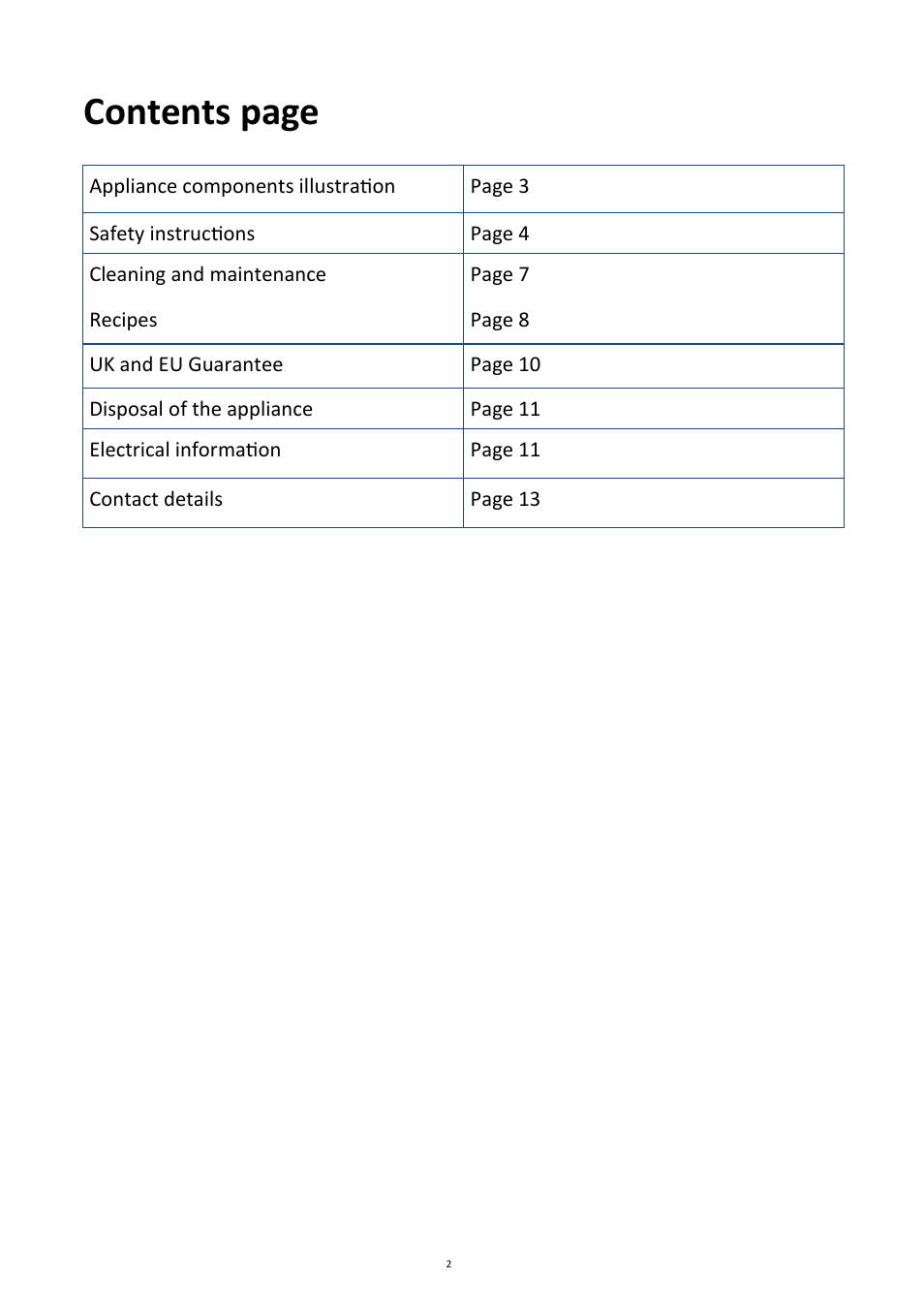 Contents page | Andrew James AJ000021 Crepe Maker User Manual | Page 2 / 12