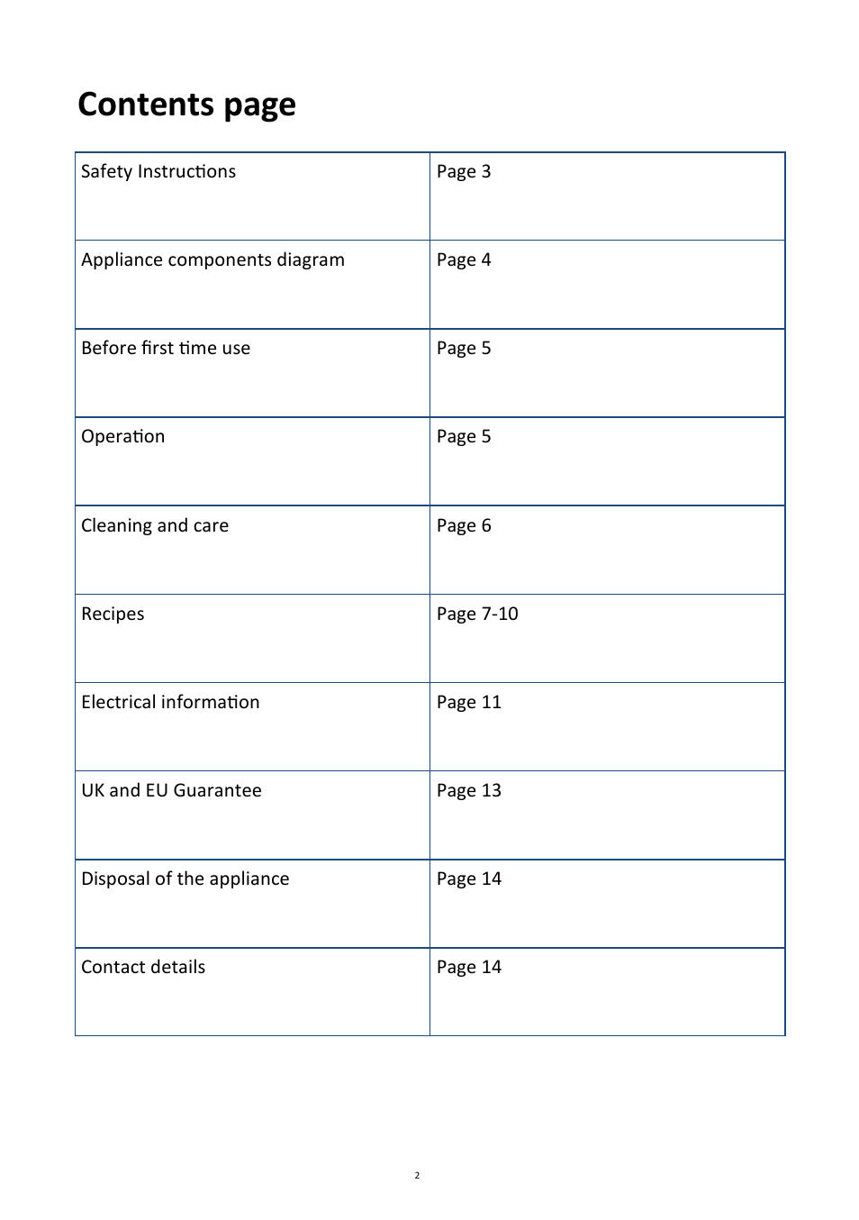 Contents page | Andrew James AJ000129 Double Waffle Maker with Waffle Mix User Manual | Page 2 / 14