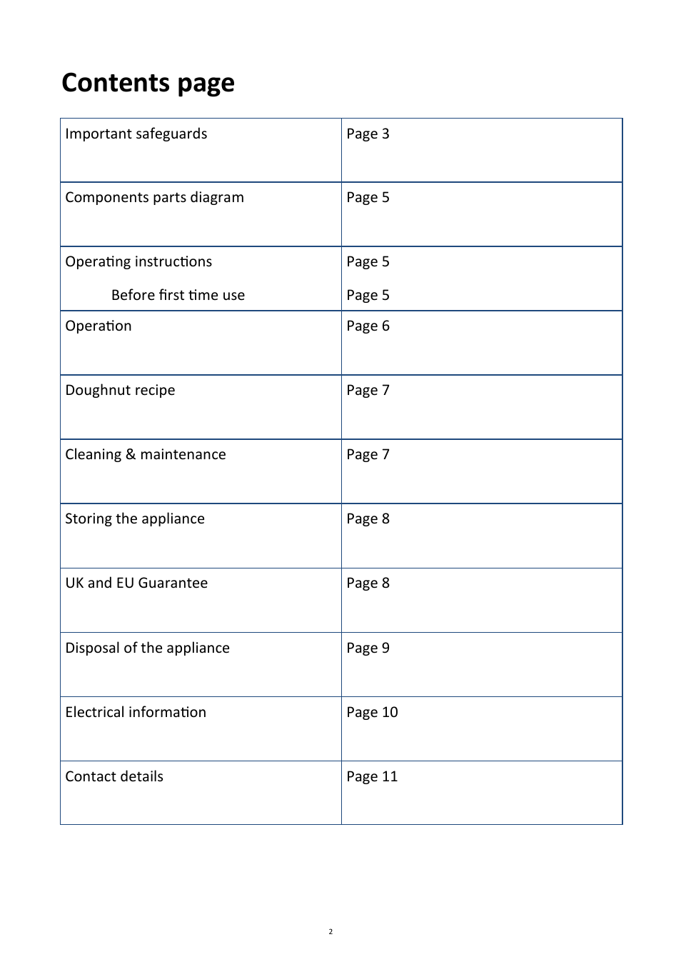 Contents page | Andrew James AJ000404 7 Hole Doughnut Maker User Manual | Page 2 / 11