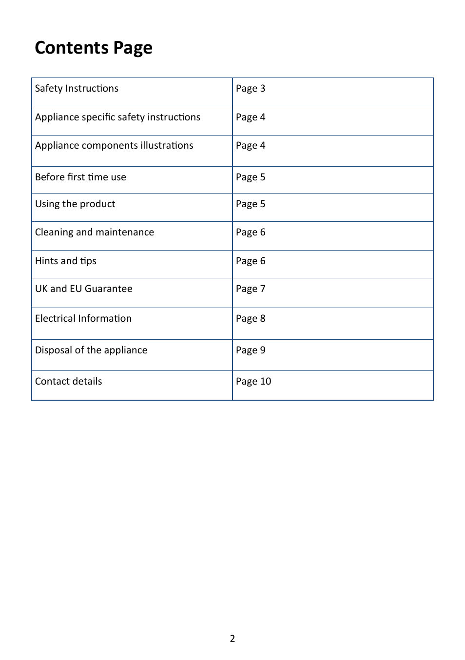 Contents page | Andrew James AJ000546 Classic Kettle Popcorn Maker User Manual | Page 2 / 9