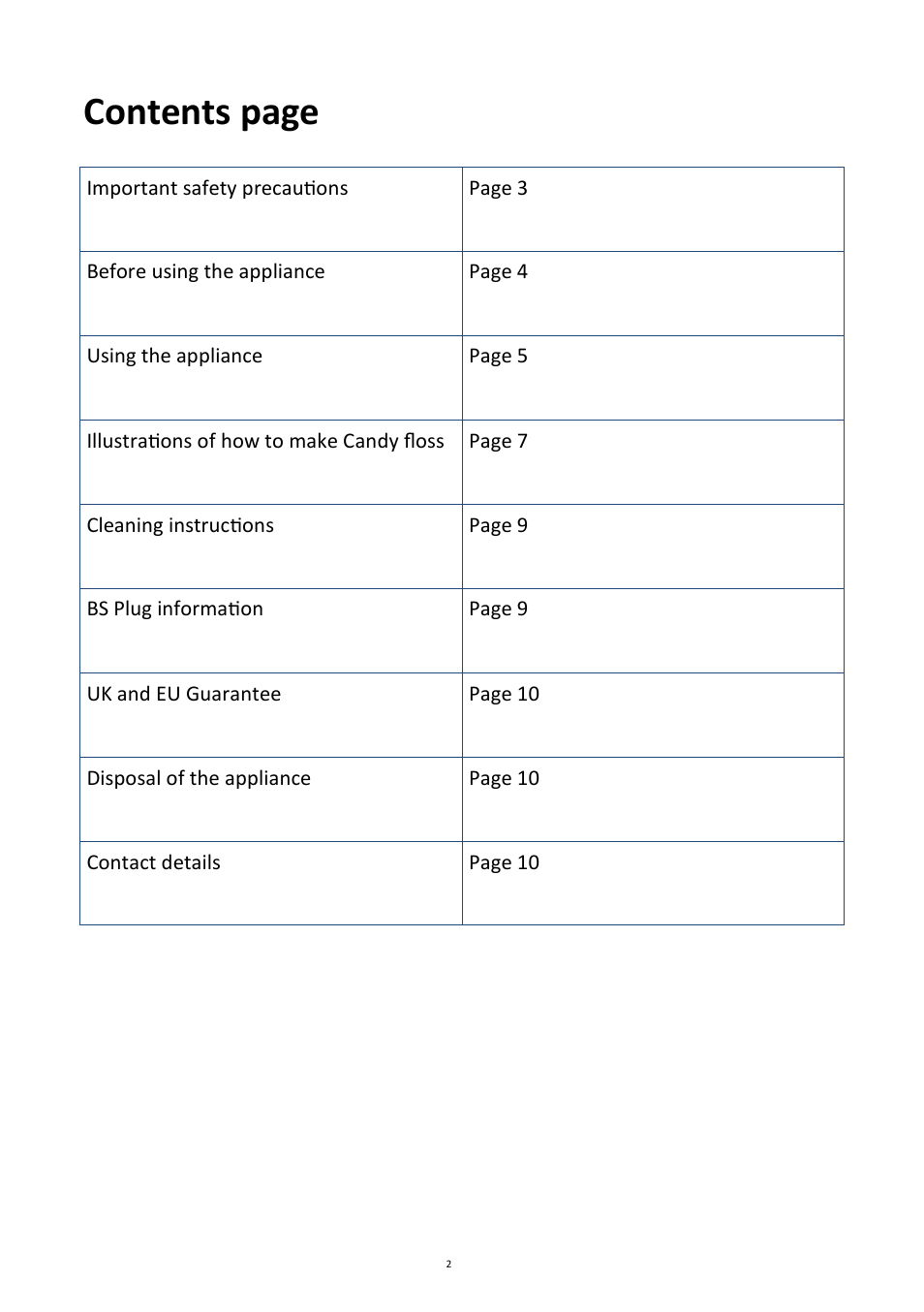 Contents page | Andrew James AJ000038 Candy Floss Maker User Manual | Page 2 / 12
