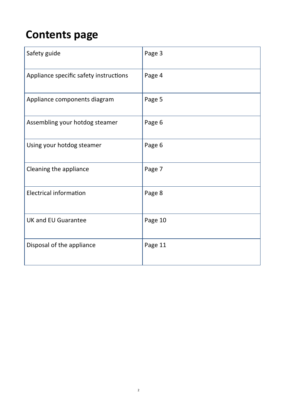 Contents page | Andrew James AJ000474 Large American Retro Style Hot Dog User Manual | Page 2 / 12