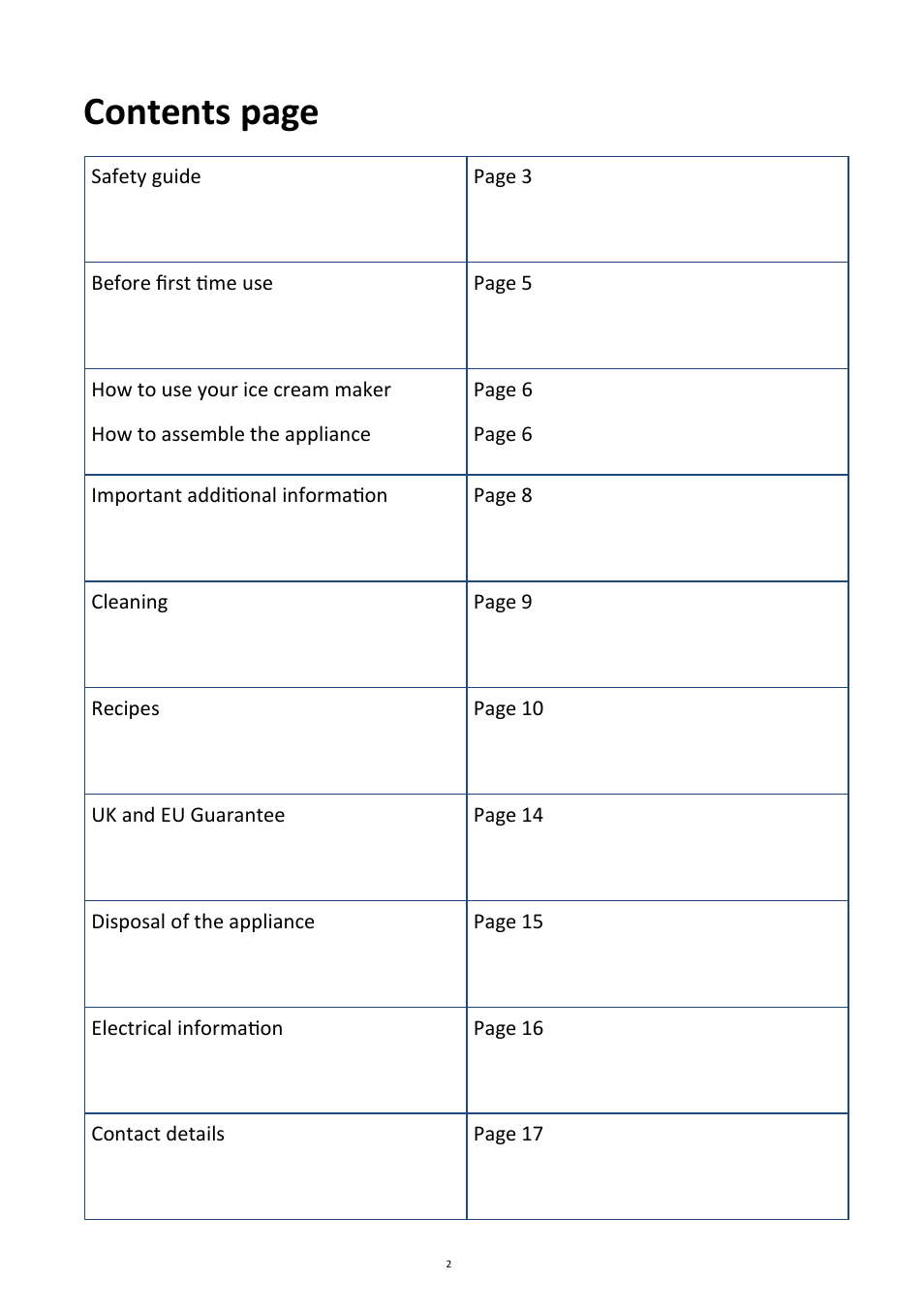 Contents page | Andrew James AJ000014 Ice Cream Maker with Spare Bowl User Manual | Page 2 / 15