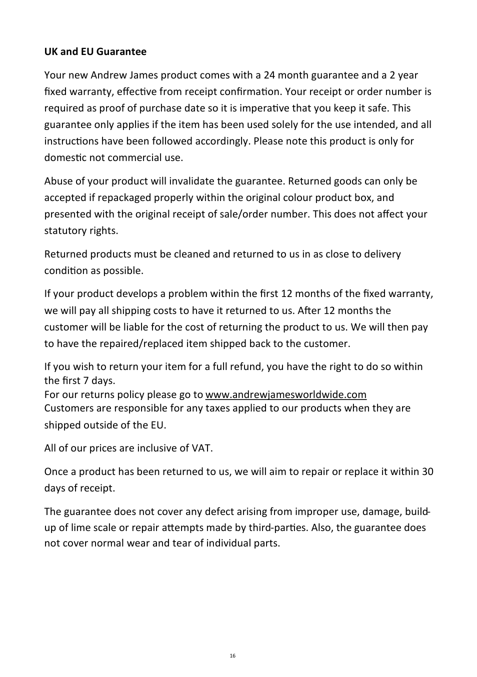 Andrew James AJ000420 Premium Digital 1.5L Ice Cream Maker User Manual | Page 16 / 16