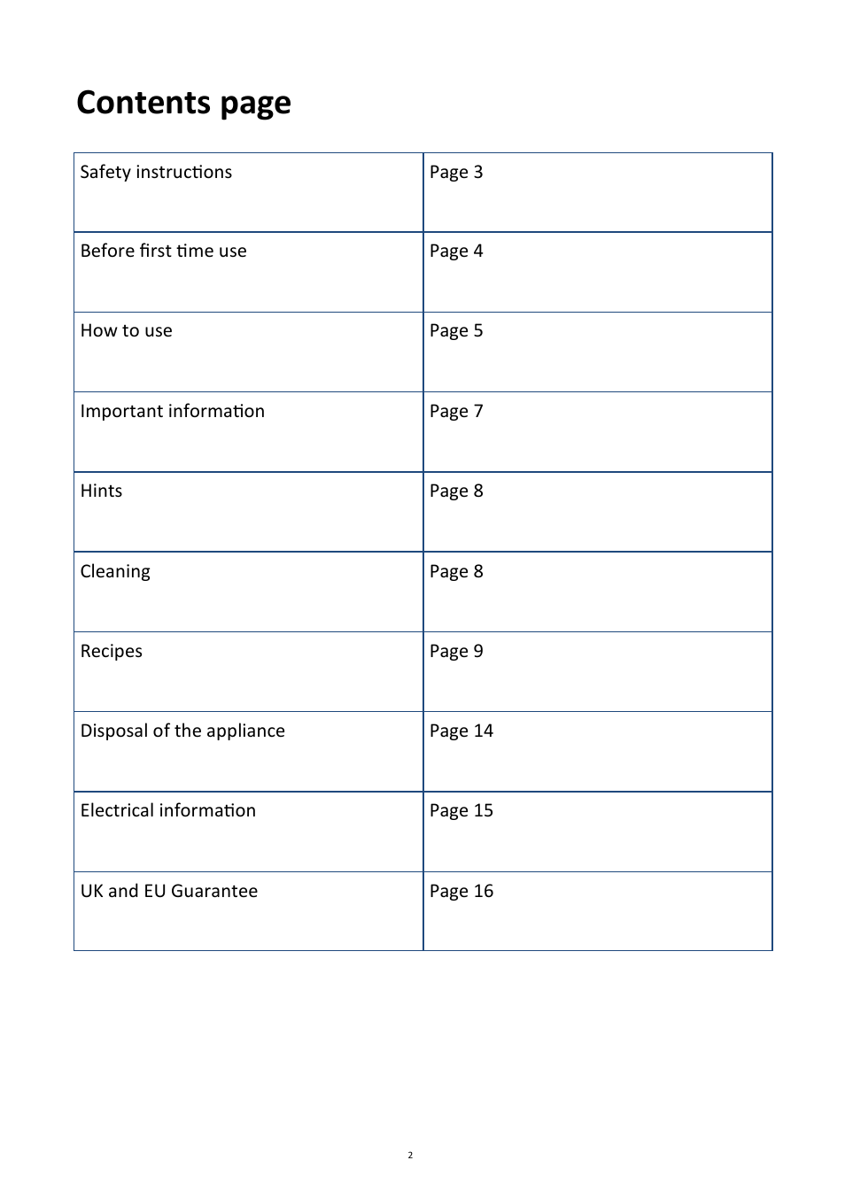 Contents page | Andrew James AJ000420 Premium Digital 1.5L Ice Cream Maker User Manual | Page 2 / 16