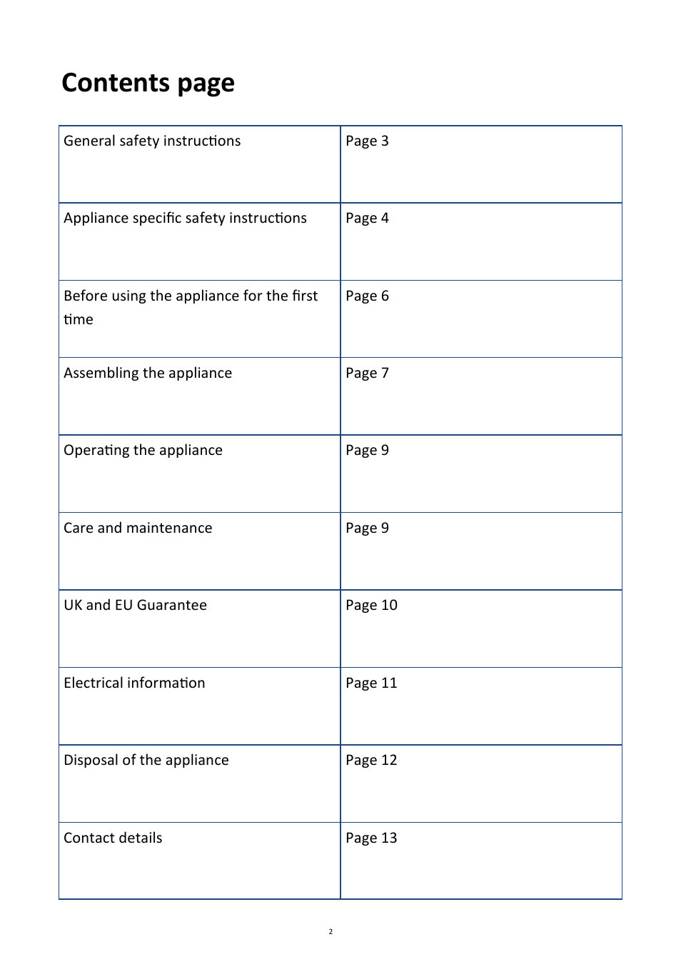 Contents page | Andrew James AJ000268 Patio Heater User Manual | Page 2 / 12