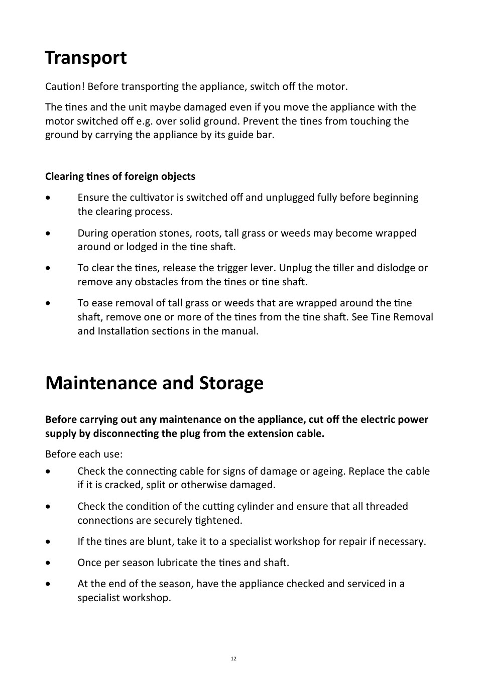 Transport, Maintenance and storage | Andrew James AJ000256 Electric Cultivator/Tiller User Manual | Page 12 / 18