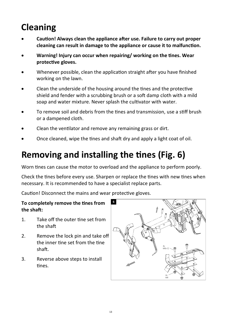 Cleaning, Removing and installing the tines (fig. 6) | Andrew James AJ000256 Electric Cultivator/Tiller User Manual | Page 13 / 18