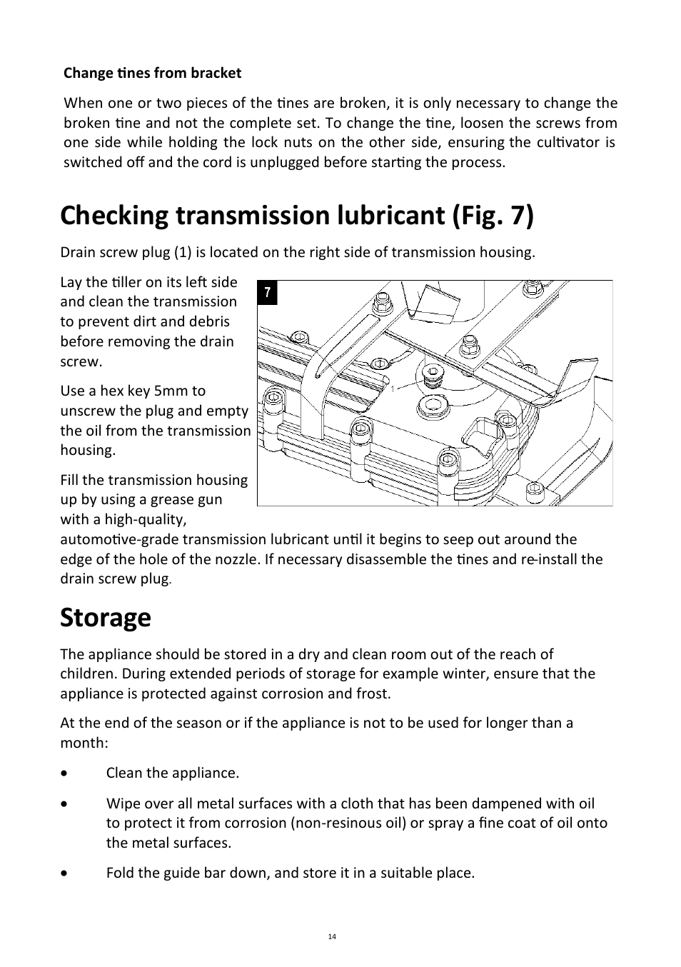 Checking transmission lubricant (fig. 7), Storage | Andrew James AJ000256 Electric Cultivator/Tiller User Manual | Page 14 / 18