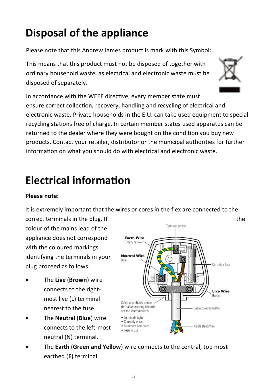 Disposal of the appliance electrical information | Andrew James AJ000256 Electric Cultivator/Tiller User Manual | Page 16 / 18