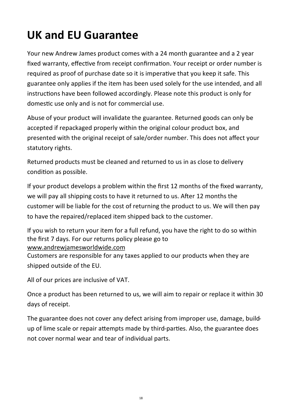 Uk and eu guarantee | Andrew James AJ000256 Electric Cultivator/Tiller User Manual | Page 18 / 18