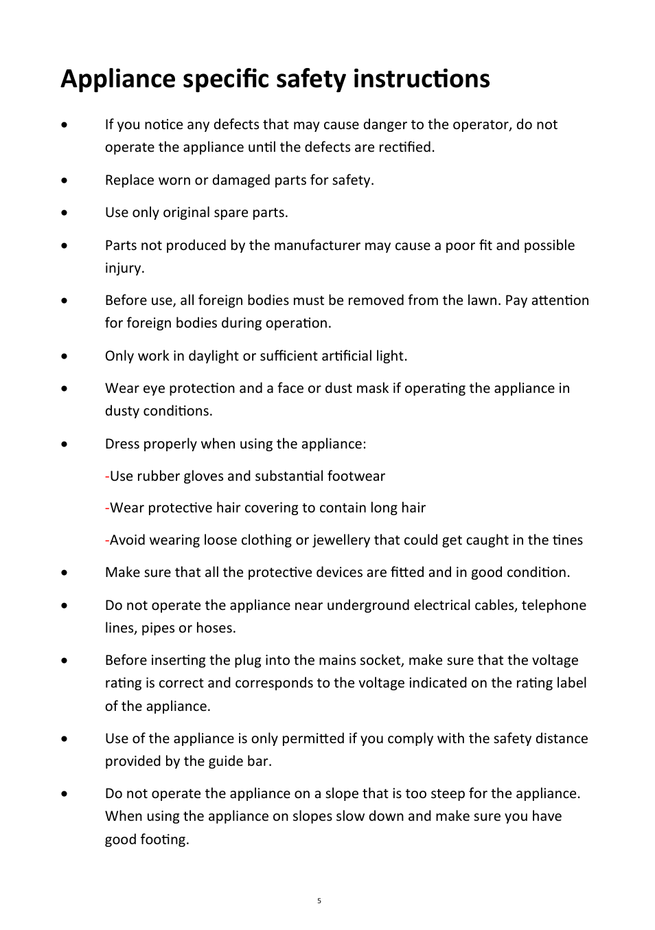 Appliance specific safety instructions | Andrew James AJ000256 Electric Cultivator/Tiller User Manual | Page 5 / 18