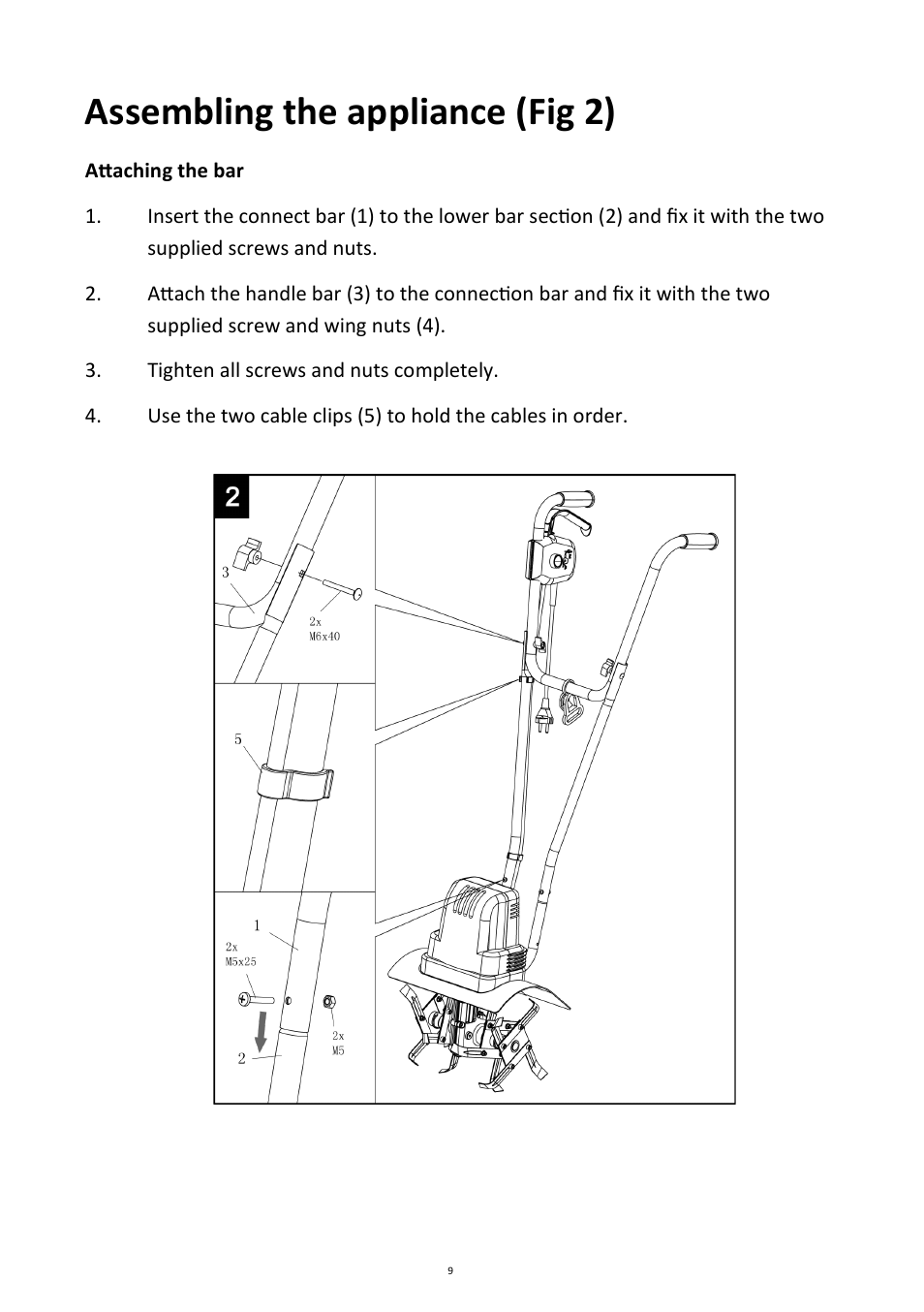 Assembling the appliance (fig 2) | Andrew James AJ000256 Electric Cultivator/Tiller User Manual | Page 9 / 18
