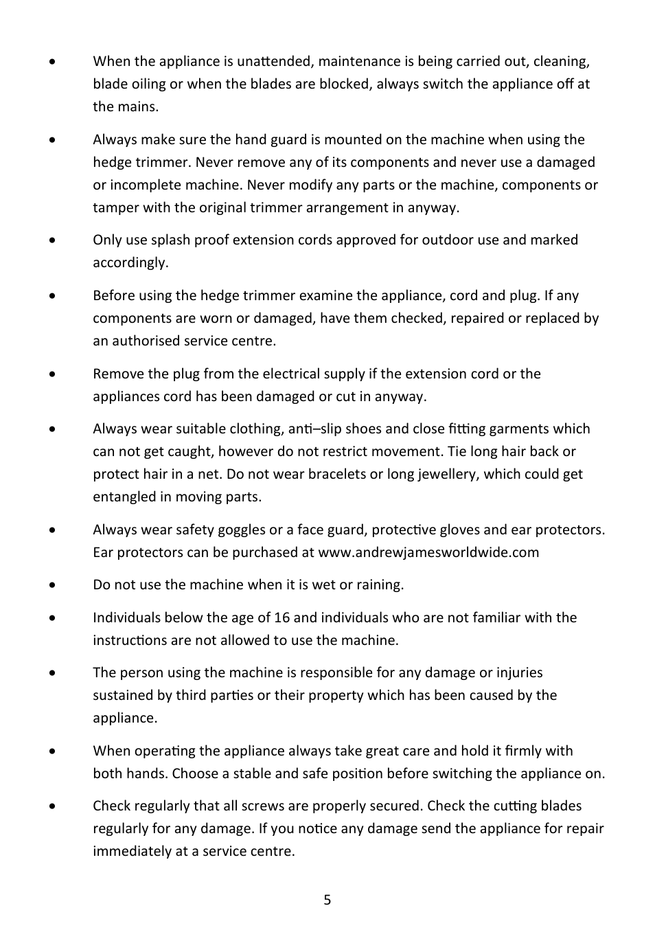 Andrew James AJ000584 Compact Electric Hedge Trimmer with Ear Protectors User Manual | Page 5 / 12