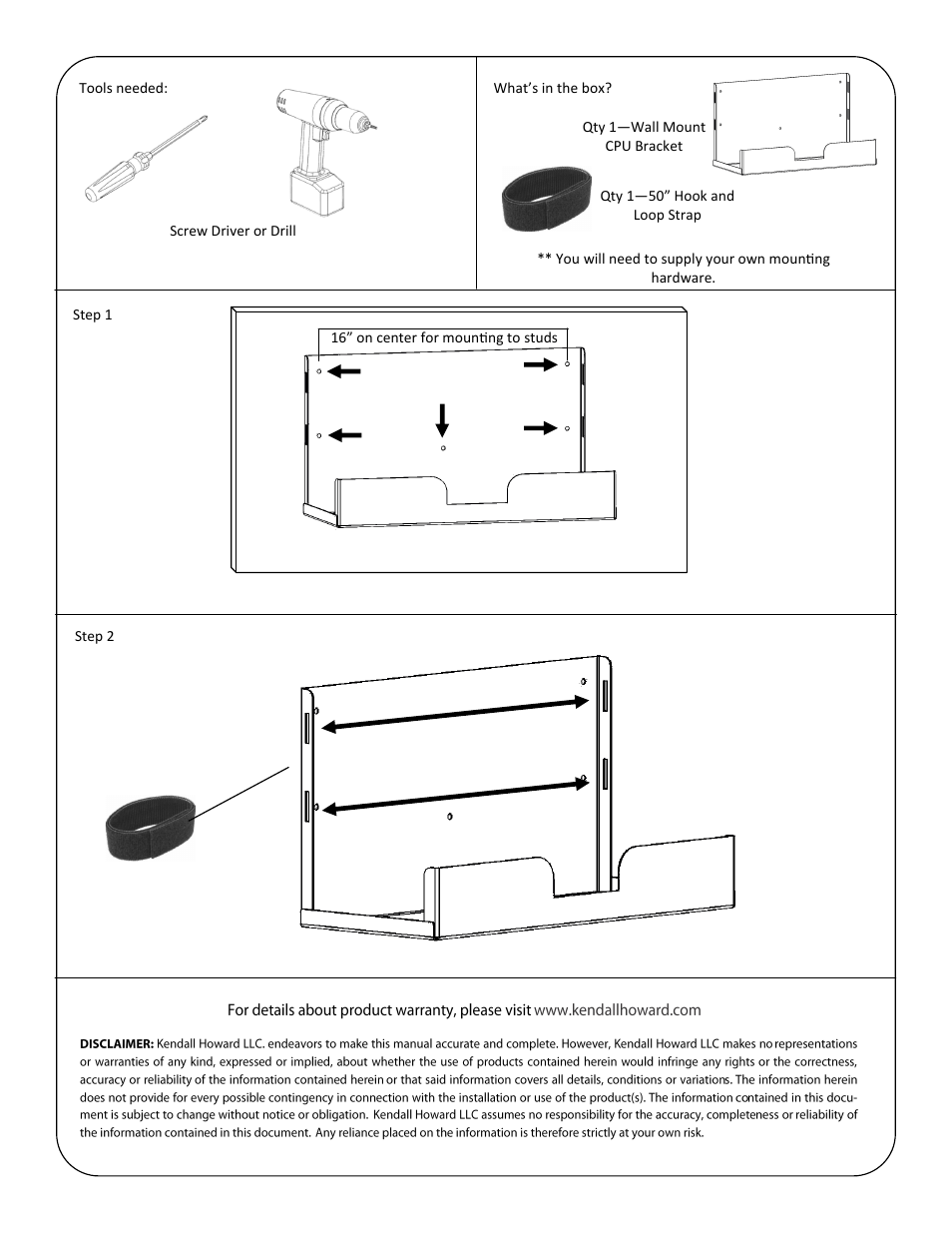 Kendall Howard 1915-1-400-00 Wall Mount Desktop CPU Bracket User Manual | Page 2 / 2