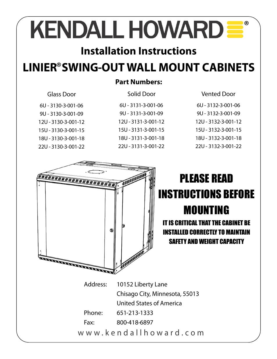 Kendall Howard 313x-3-001-22 22U LINIER Swing-Out Wall Mount Cabinet User Manual | 4 pages