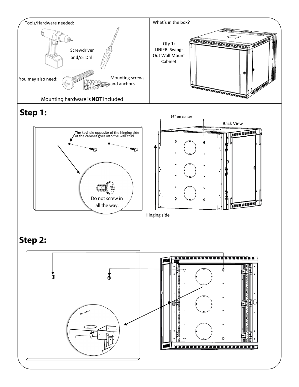 Kendall Howard 313x-3-001-22 22U LINIER Swing-Out Wall Mount Cabinet User Manual | Page 2 / 4