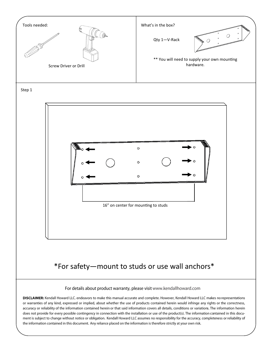 For safety—mount to studs or use wall anchors | Kendall Howard 1916-2-100-4 4U V-Rack User Manual | Page 2 / 2