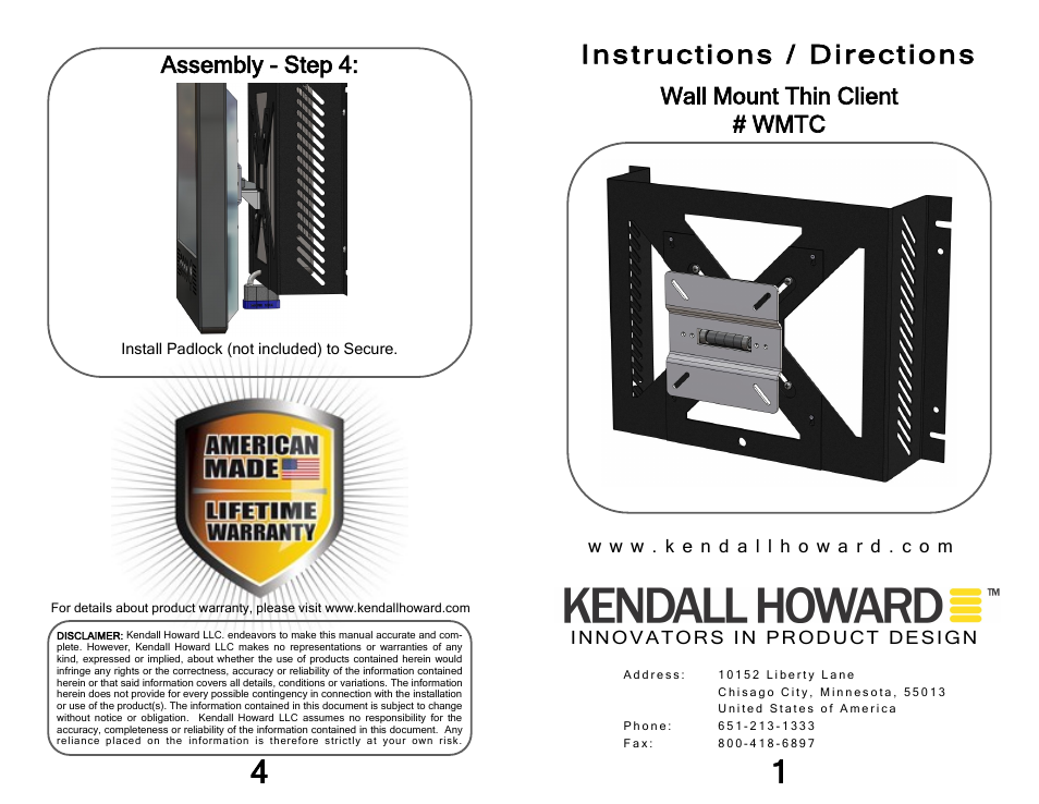 Kendall Howard WMTC-M Thin Client/LCD Wall Mount User Manual | 2 pages