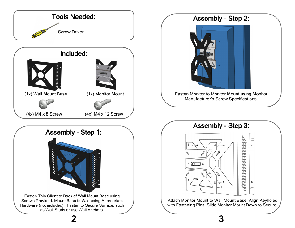 Tools needed: included, Assembly - step 1, Assembly - step 2: assembly - step 3 | Kendall Howard WMTC-M Thin Client/LCD Wall Mount User Manual | Page 2 / 2