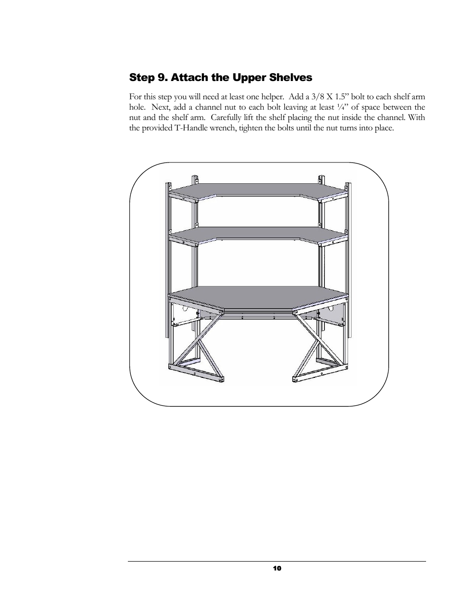 Step 9. attach the upper shelves | Kendall Howard 5000-3-10x-CR Performance Corner Work Station User Manual | Page 10 / 14