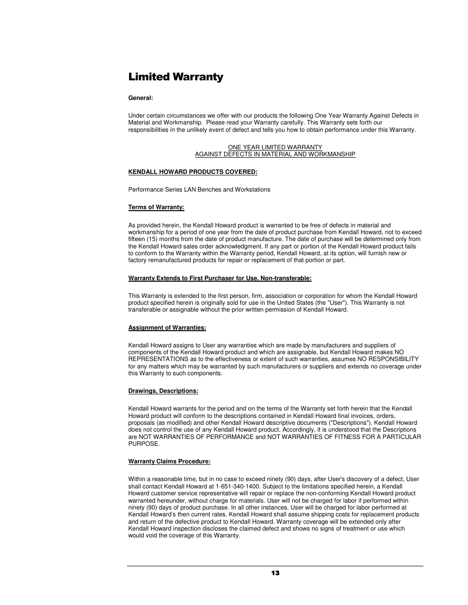 Limited warranty | Kendall Howard 5000-3-10x-CR Performance Corner Work Station User Manual | Page 13 / 14