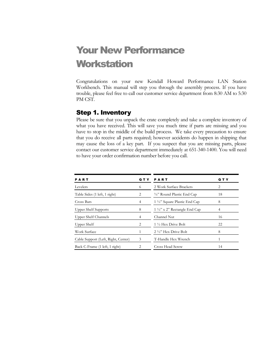 Your new performance workstation, Step 1. inventory | Kendall Howard 5000-3-10x-CR Performance Corner Work Station User Manual | Page 2 / 14