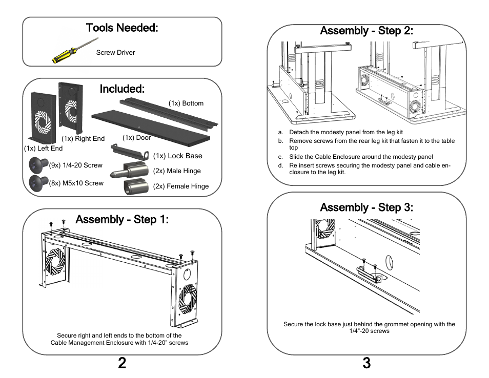 Tools needed, Included: assembly - step 1, Assembly - step 3 | Assembly - step 2 | Kendall Howard 5500-3-100-36 36 Training Table Cable Management Enclosure User Manual | Page 2 / 2