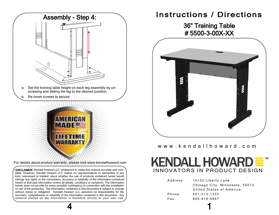 Kendall Howard 5500-3-00x-xx Training Table User Manual | 2 pages