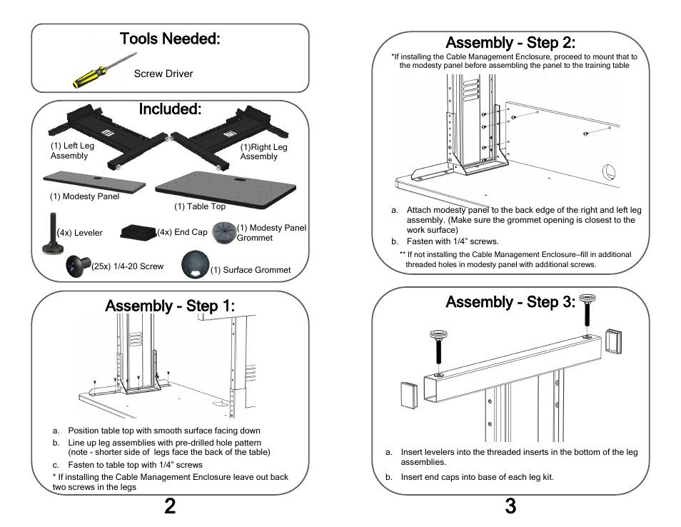 Tools needed, Included, Assembly - step 1 | Assembly - step 2, Assembly - step 3 | Kendall Howard 5500-3-00x-xx Training Table User Manual | Page 2 / 2