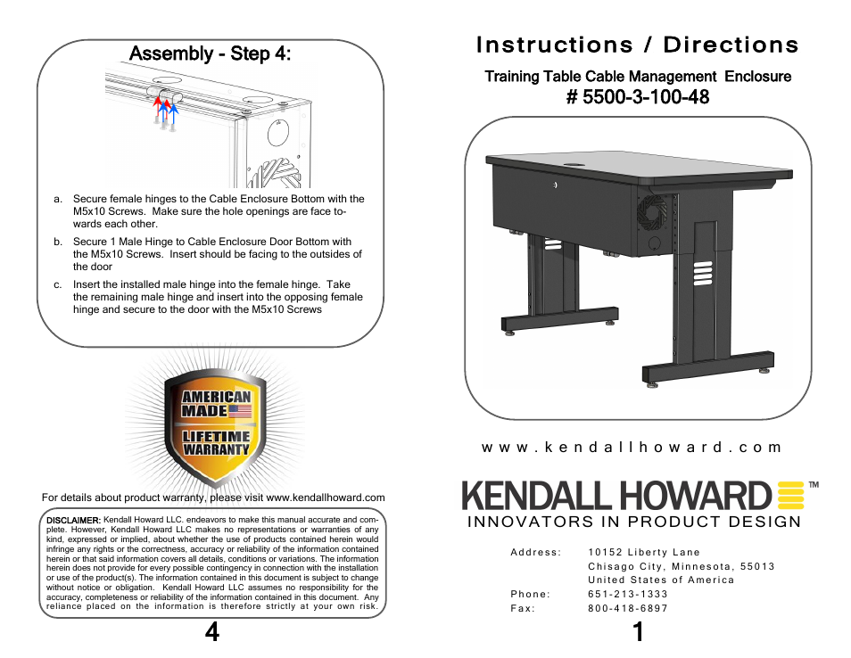 Kendall Howard 5500-3-100-48 48 Training Table Cable Management Enclosure User Manual | 2 pages