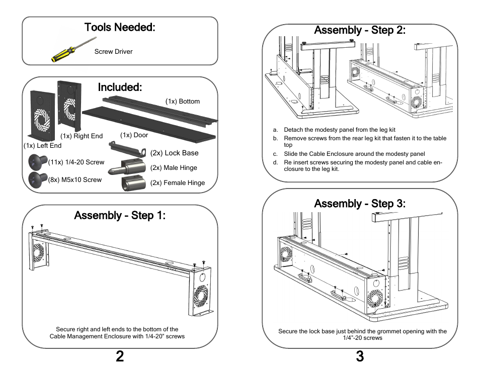 Tools needed, Included: assembly - step 1, Assembly - step 3 | Assembly - step 2 | Kendall Howard 5500-3-100-60 60 Training Table Cable Management Enclosure User Manual | Page 2 / 2