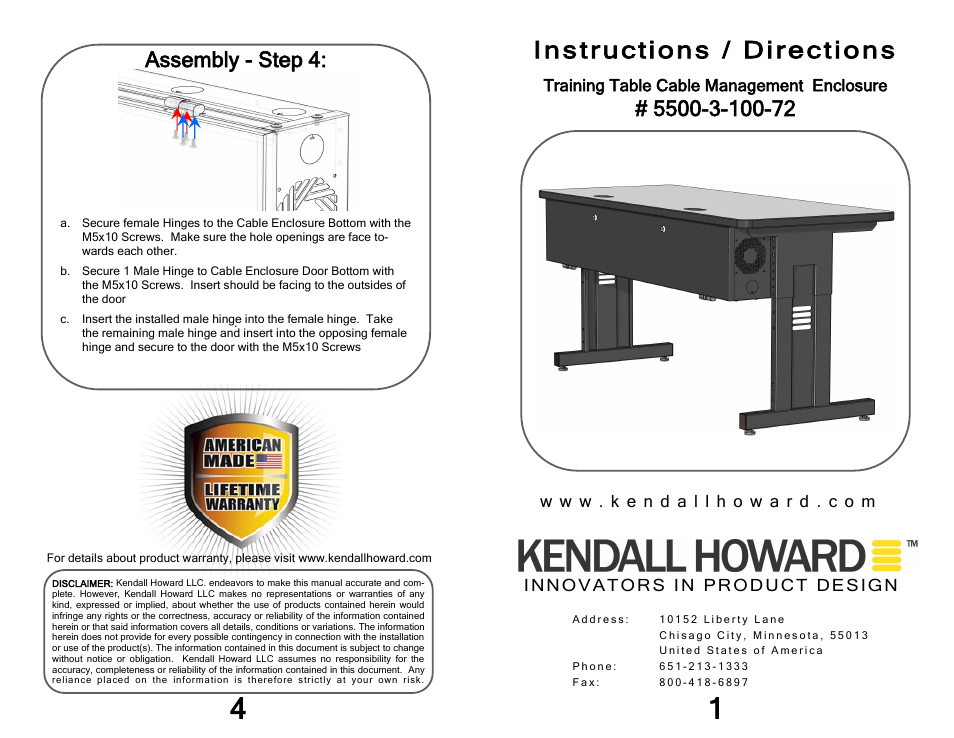 Kendall Howard 5500-3-100-72 72 Training Table Cable Management Enclosure User Manual | 2 pages