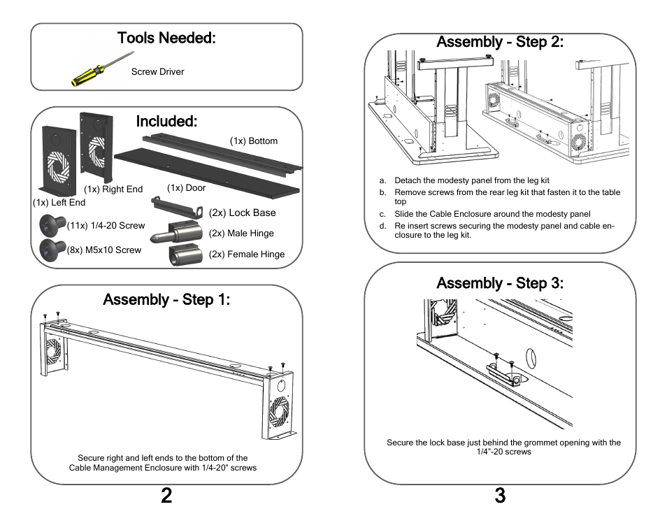 Tools needed, Included: assembly - step 1, Assembly - step 3 | Assembly - step 2 | Kendall Howard 5500-3-100-72 72 Training Table Cable Management Enclosure User Manual | Page 2 / 2