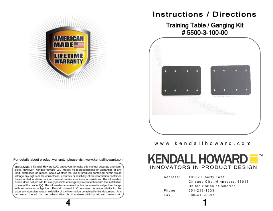 Kendall Howard 5500-3-100-00 Training Table Ganging Bracket Kit User Manual | 2 pages